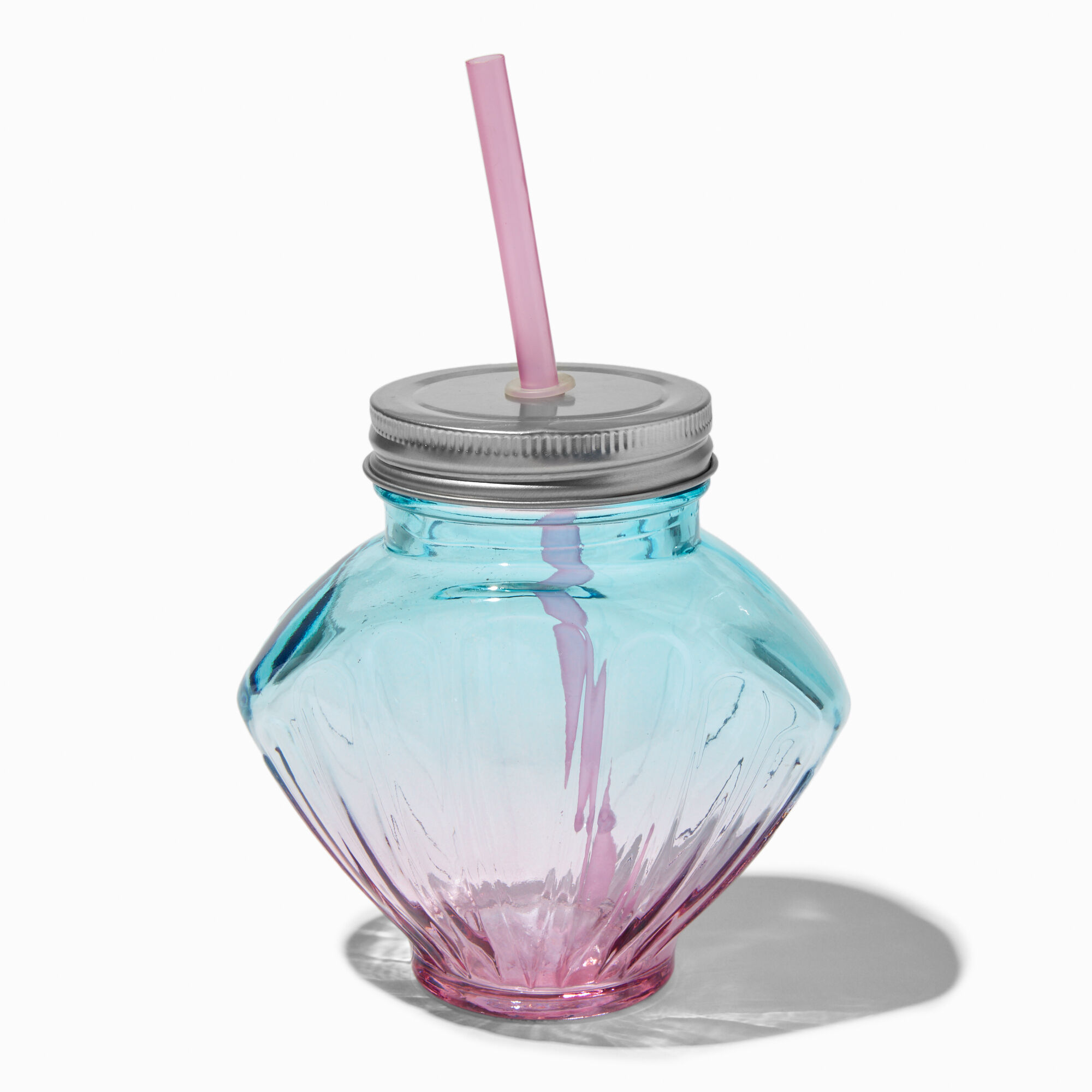 View Claires Iridescent Seashell Shaped Mason Jar Tumbler Blue information