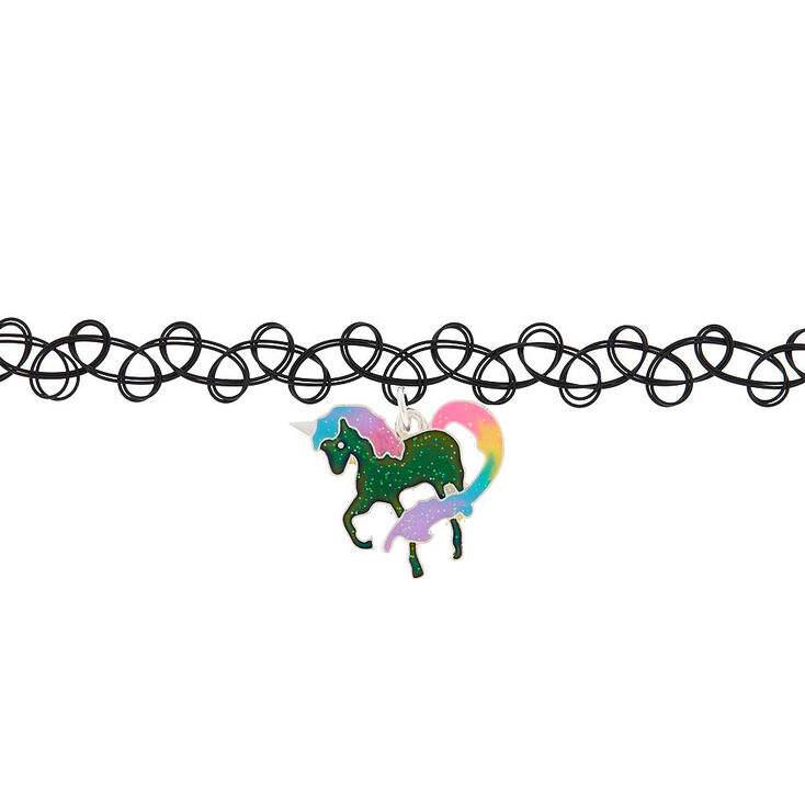 Glitter Unicorn Mood Tattoo Choker Necklace - Black,