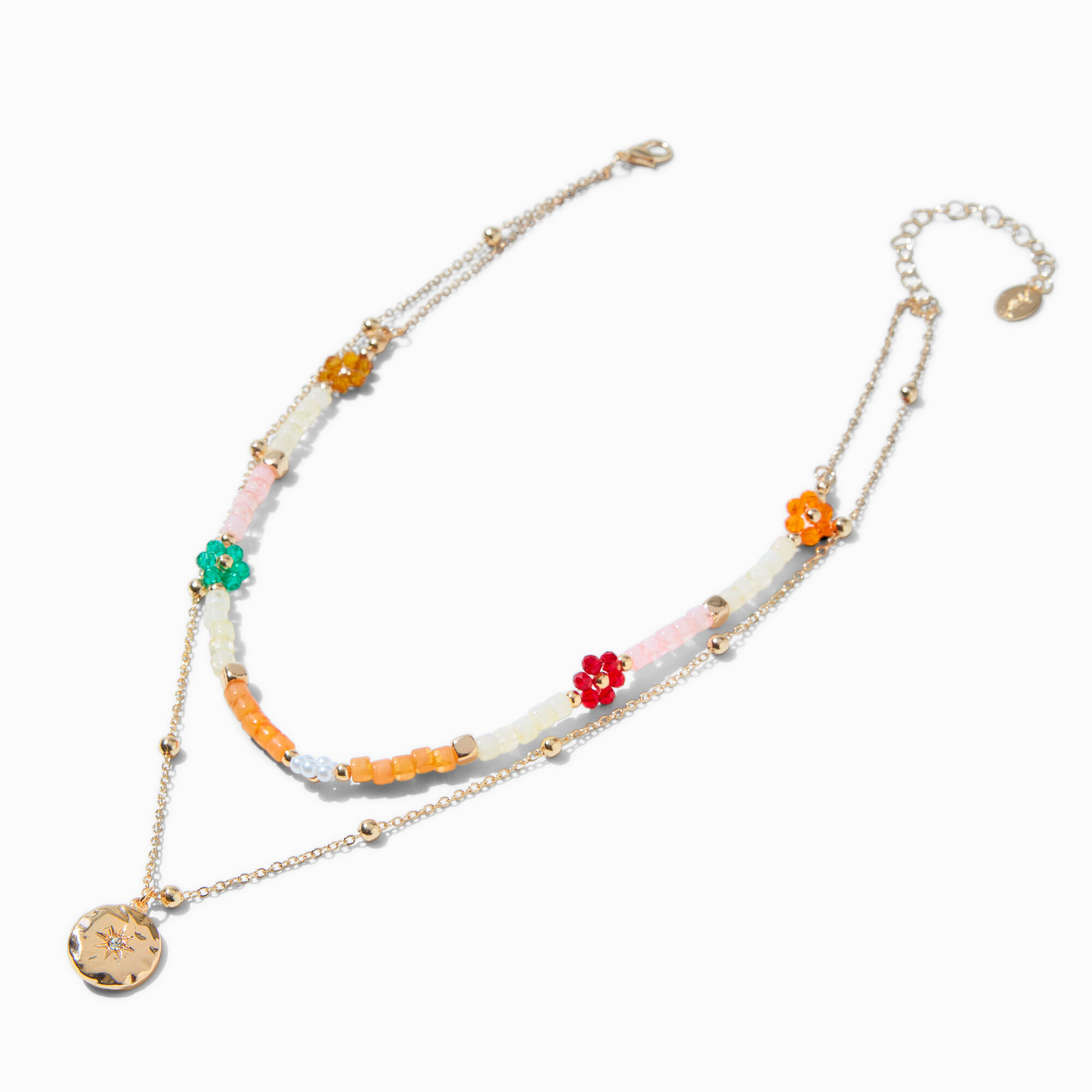 Collier multi-rangs pendentif boussole couleur dorée et fleur perlée,