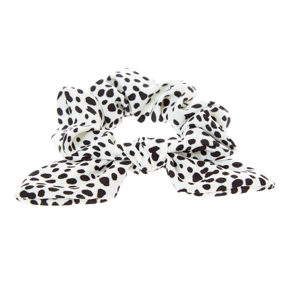 Small Dalmation Knotted Bow Hair Scrunchie - White,