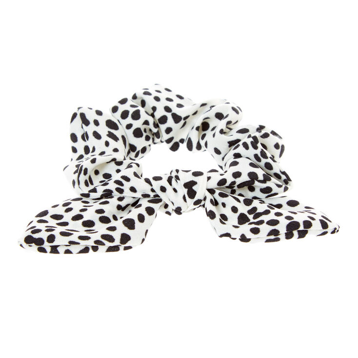 Small Dalmation Knotted Bow Hair Scrunchie - White,