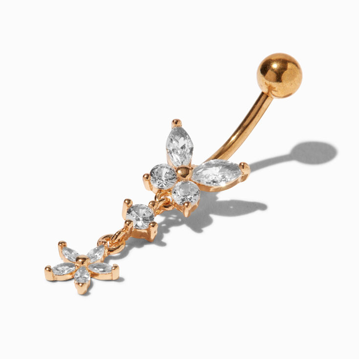 Gold-tone Stainless Steel Cubic Zirconia Butterfly Dangle 14G Belly Bar,