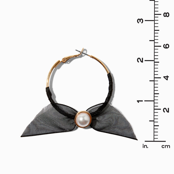 Black Organza Bow Gold-tone 30mm Hoop Earrings ,