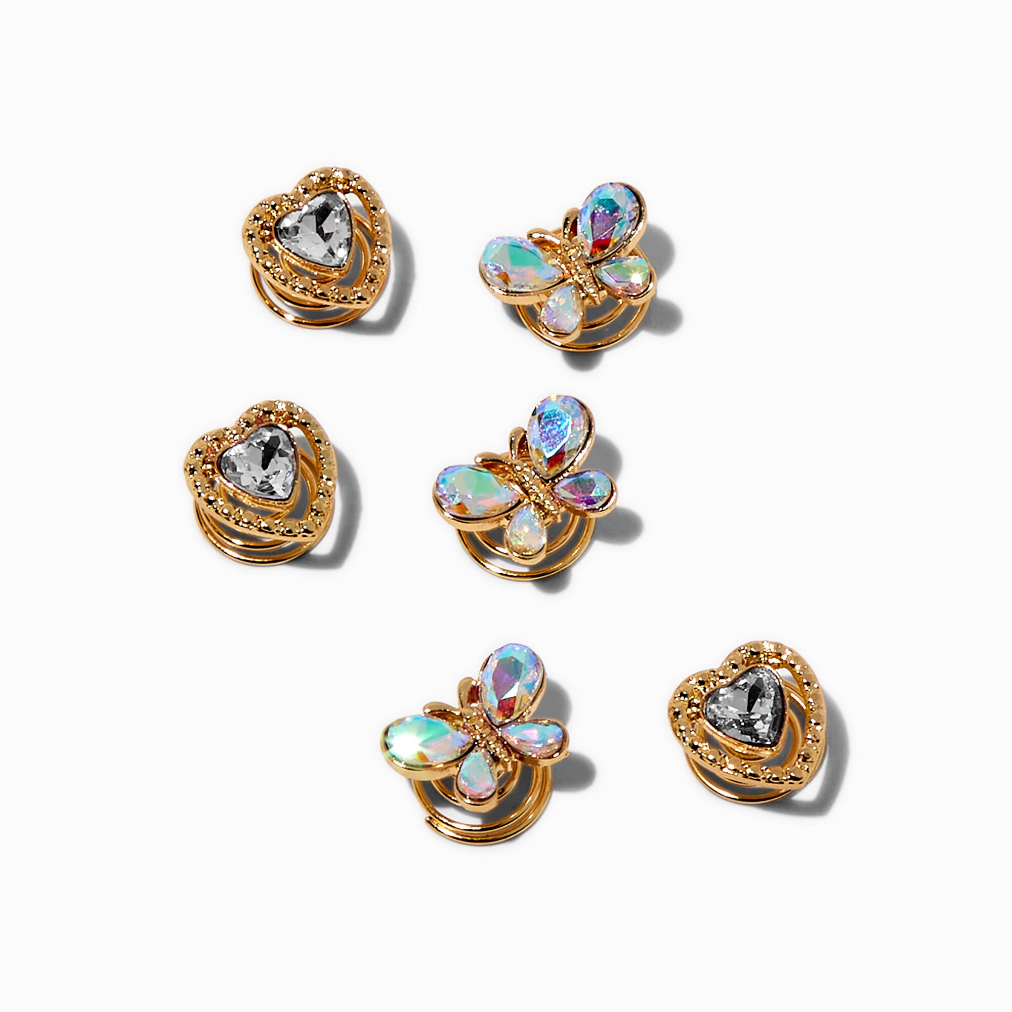 Iridescent Butterfly & Heart Gold-tone Hair Spinners - 6 Pack,