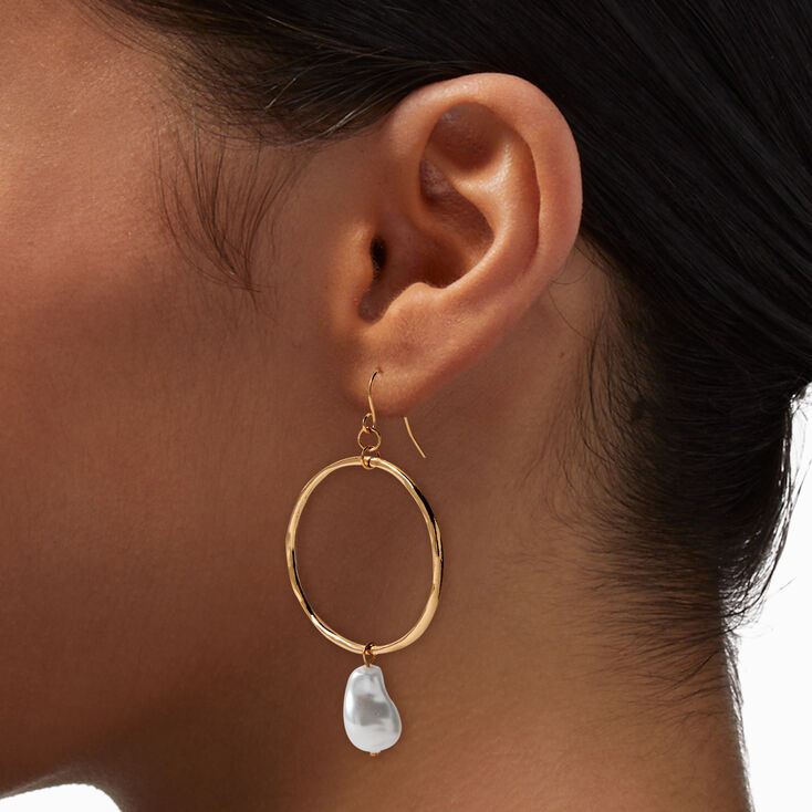 Gold-tone Circle Pearl 3&quot; Drop Earrings,