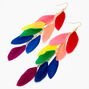 Gold 6&quot; Neon Rainbow Feather Chain Drop Earrings,