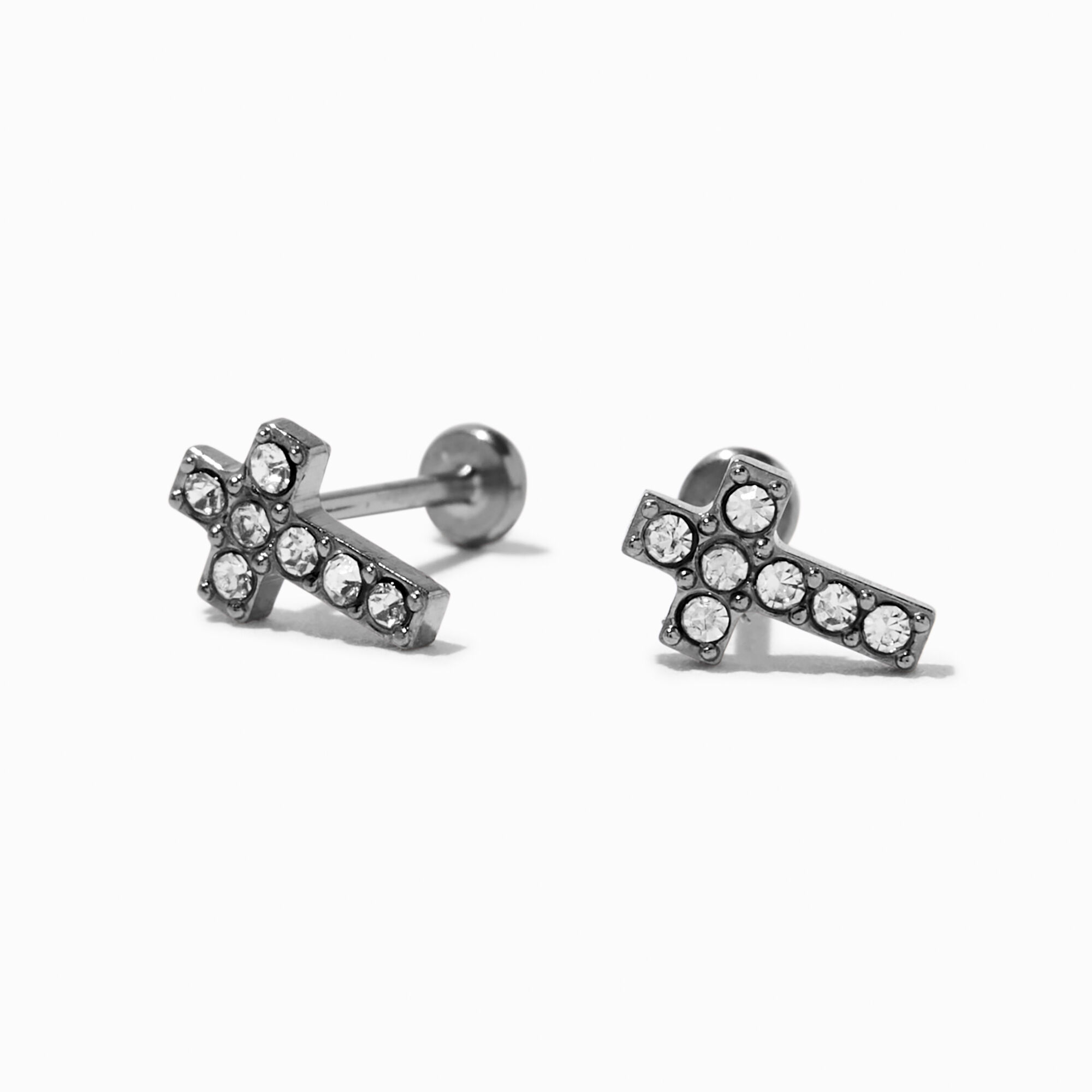View C Luxe By Claires Tone Titanium Crystal Cross Flat Back Stud Earrings Silver information
