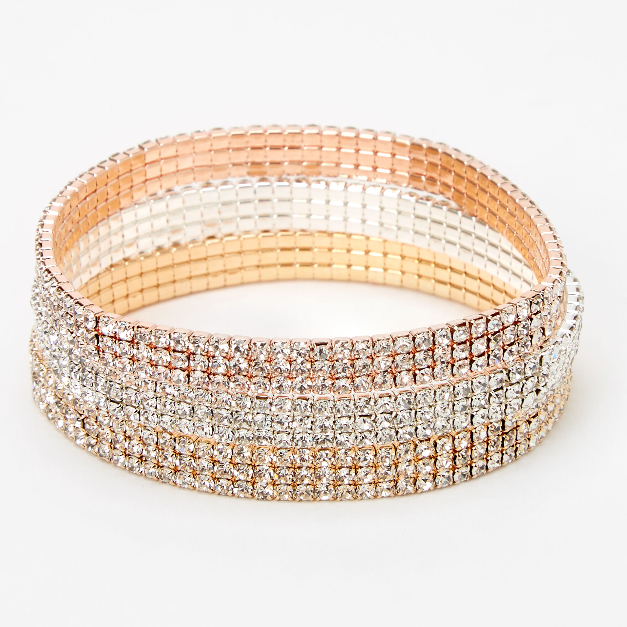 View Claires Mixed Metal Triple Row Rhinestone Stretch Bracelets 3 Pack Rose Gold information