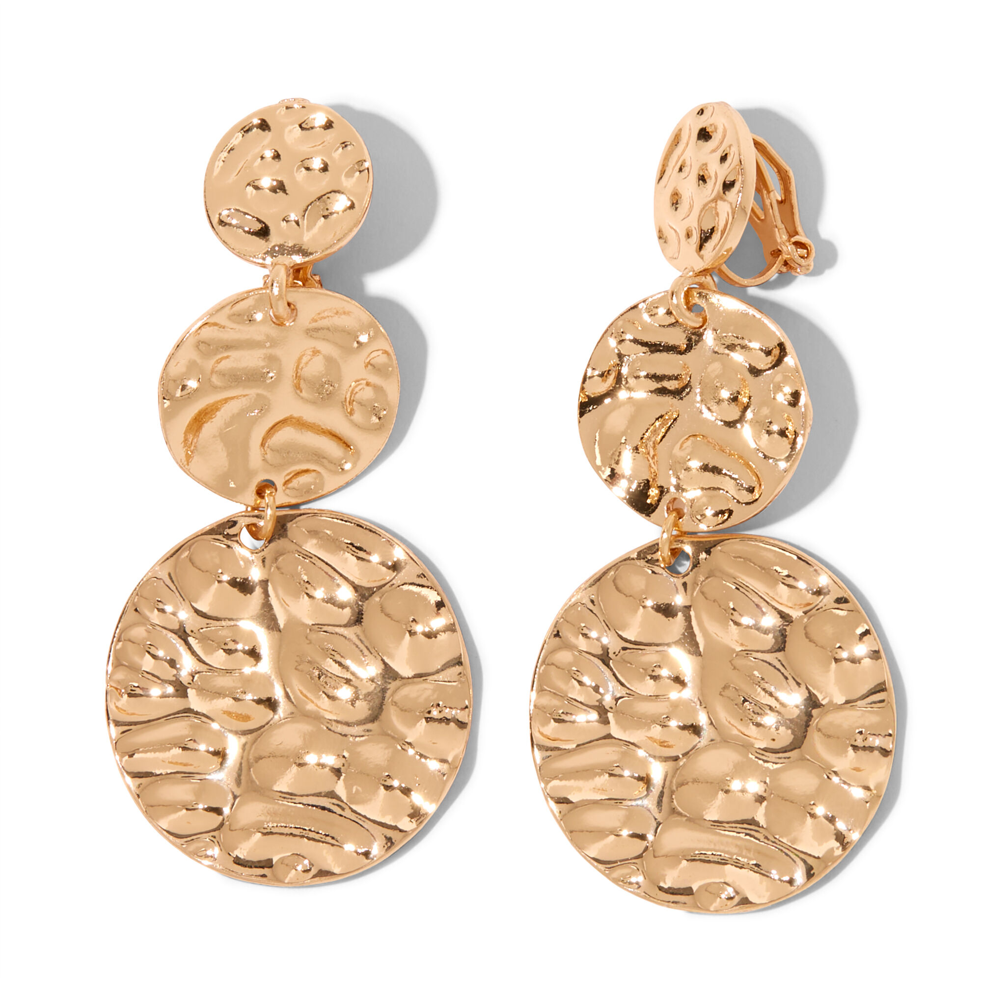 View Claires 25 Triple Molten Disc ClipOn Drop Earrings Gold information