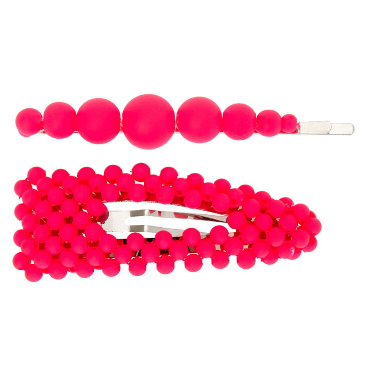 Matte Beaded Hair Pin &amp; Snap Clip - Neon Pink, 2 Pack,