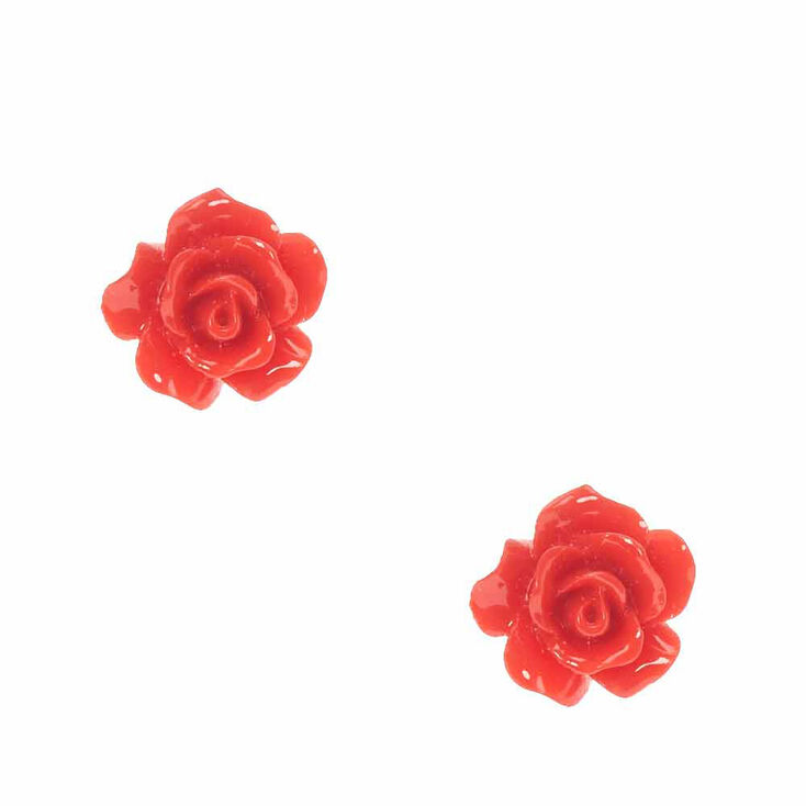 Carved Rose Stud Earrings - Red,