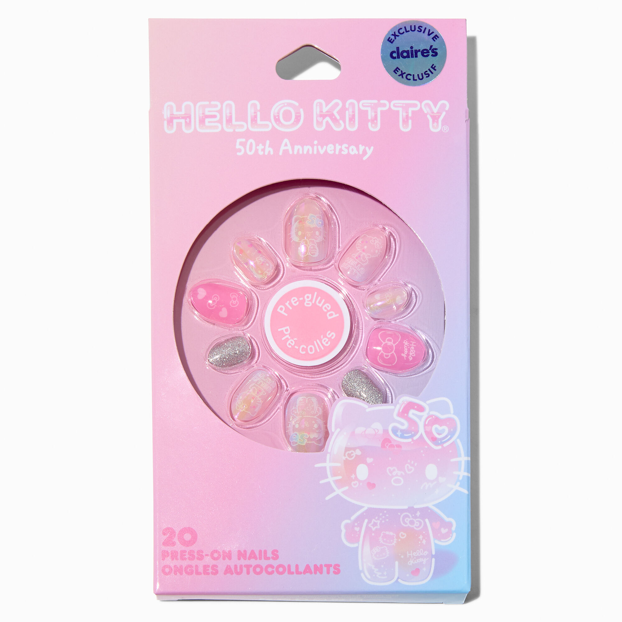Hello Kitty® 50th Anniversary Claire's Exclusive Stiletto Press On Faux Nail Set - 20 Pack,