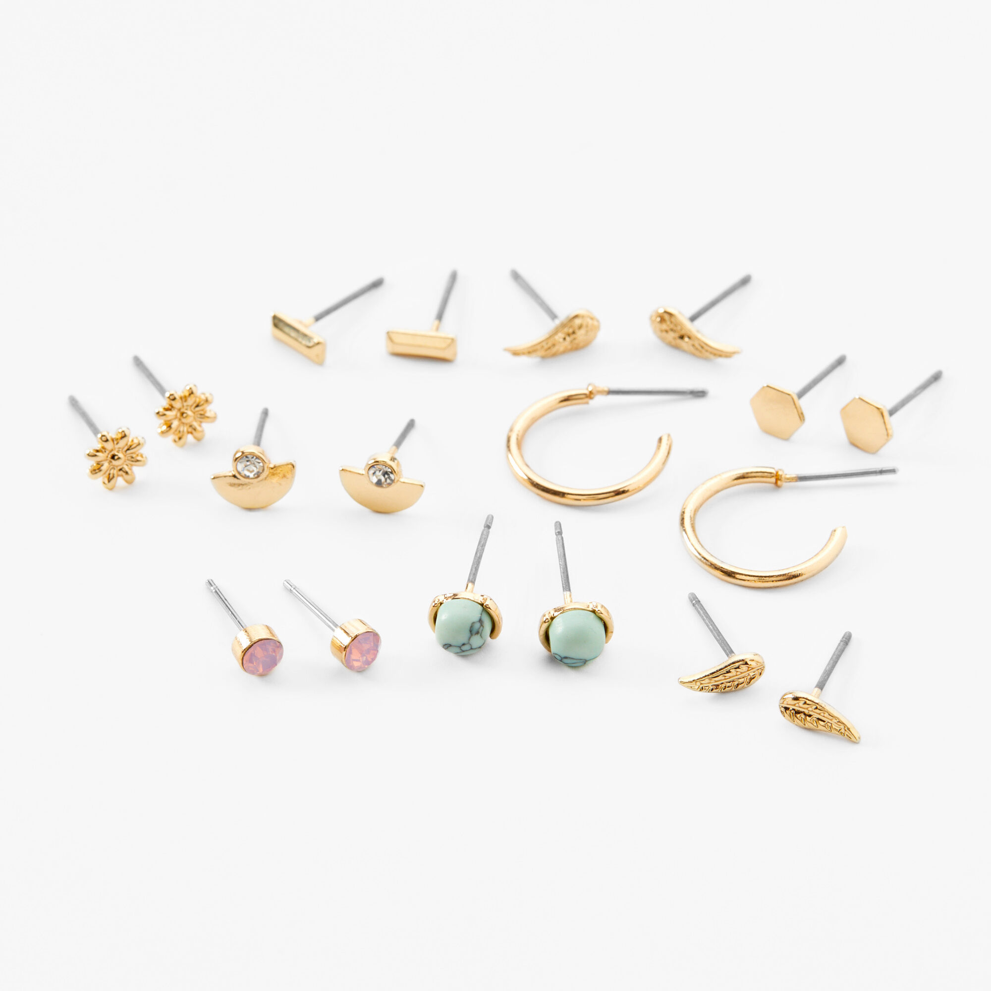 Gold Festival Mixed Stud Earrings - 9 Pack,