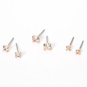 Rose Gold-tone Cubic Zirconia 3mm, 4mm, &amp; 5mm Round Stud Earrings - 3 Pack,