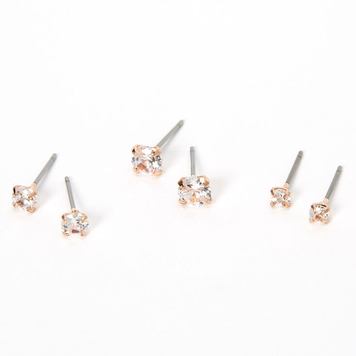 Rose Gold-tone Cubic Zirconia 3mm, 4mm, &amp; 5mm Round Stud Earrings - 3 Pack,