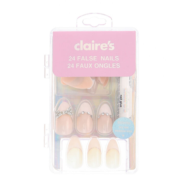 Claire's Faux ongles stiletto style French manucure avec nœud et strass - Nude, lot de 24