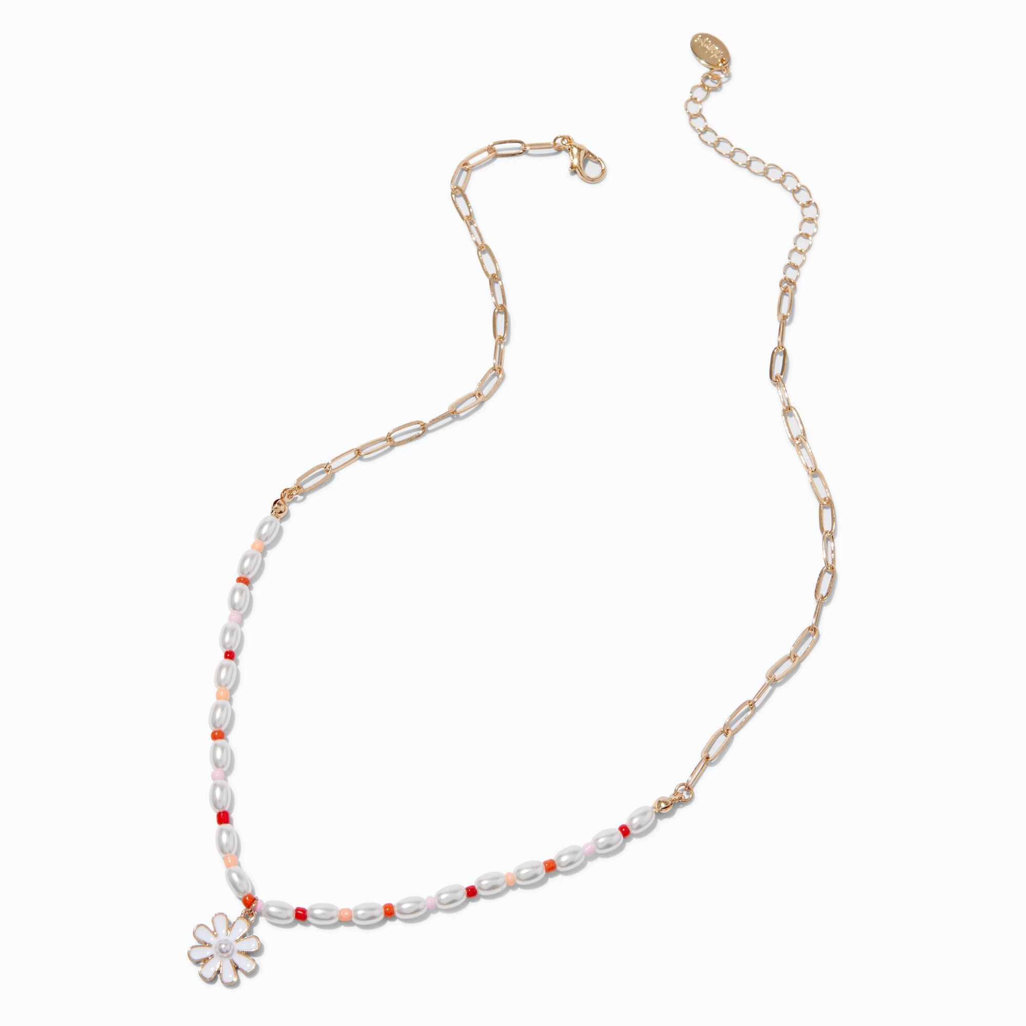 White Daisy Half Beaded & Gold-tone Paperclip Chain Pendant Necklace,