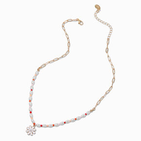 White Daisy Half Beaded &amp; Gold-tone Paperclip Chain Pendant Necklace,