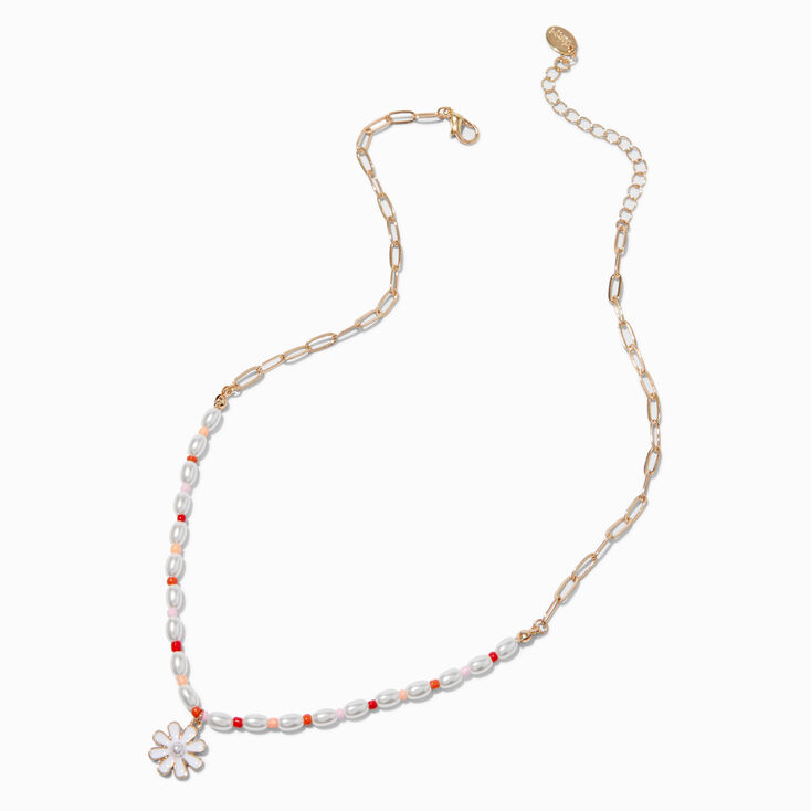 White Daisy Half Beaded &amp; Gold-tone Paperclip Chain Pendant Necklace,