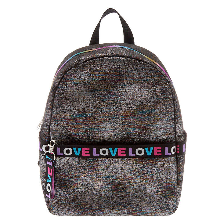 Claire's Sac à dos noir « Love » en tissu lurex arc-en-ciel