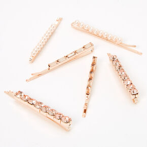 Rose Gold Crystal &amp; Pearl Bobby Pins - 6 Pack,