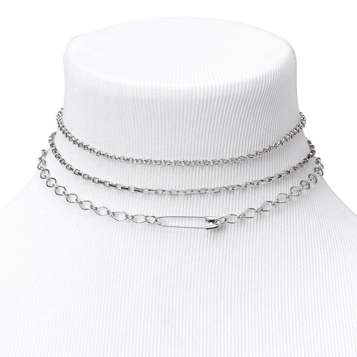 Silver Paperclip Chain Choker Necklaces - 3 Pack,