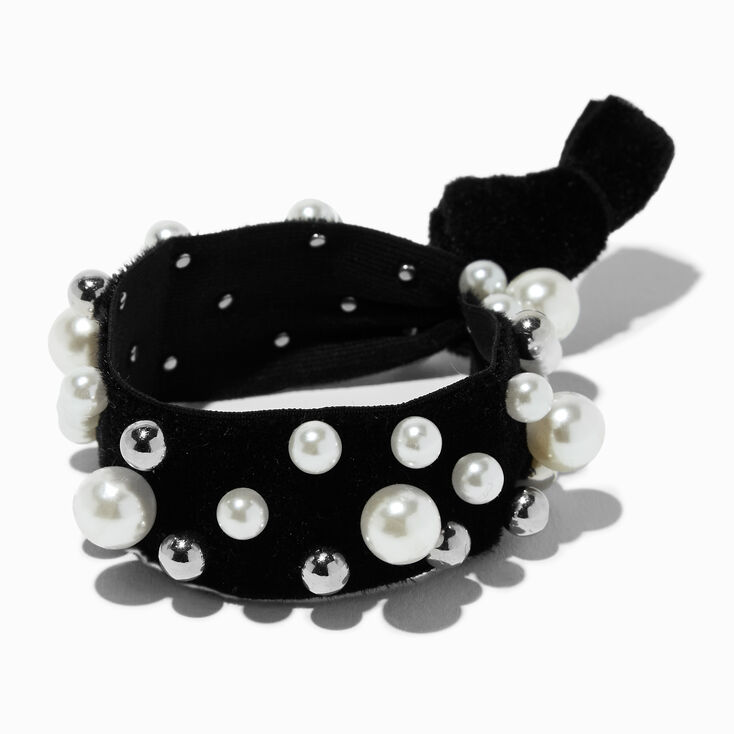Pearl-Embellished Black Hair Tie,