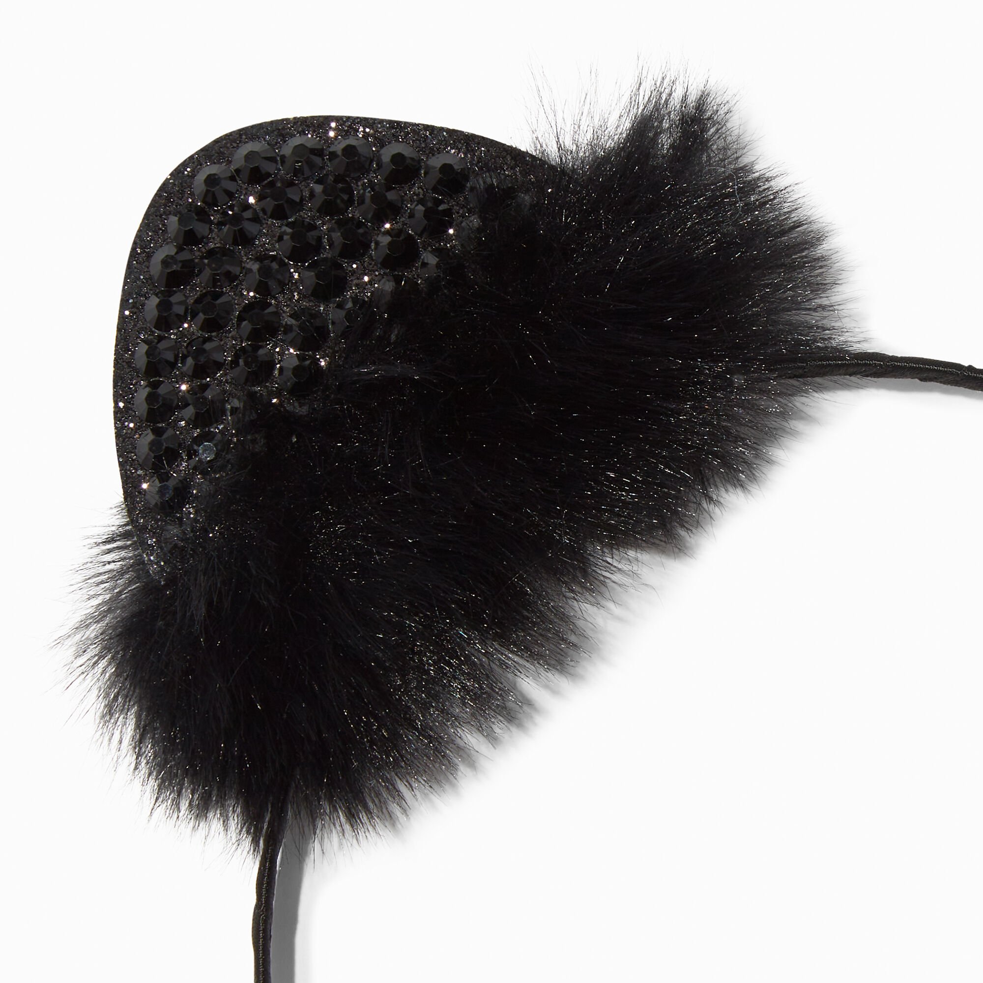 Black Fur & Gemstones Cat Ears Headband,