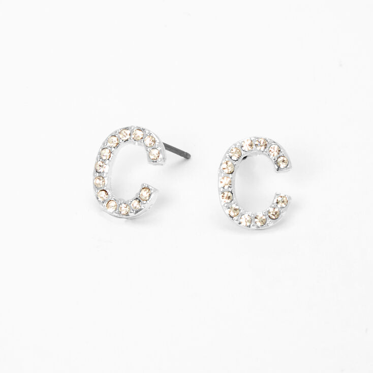 Silver Crystal Initial Stud Earrings - C,