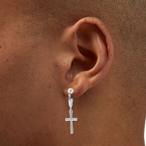 Silver 20MM Cross Clip-On Hoop Earrings,