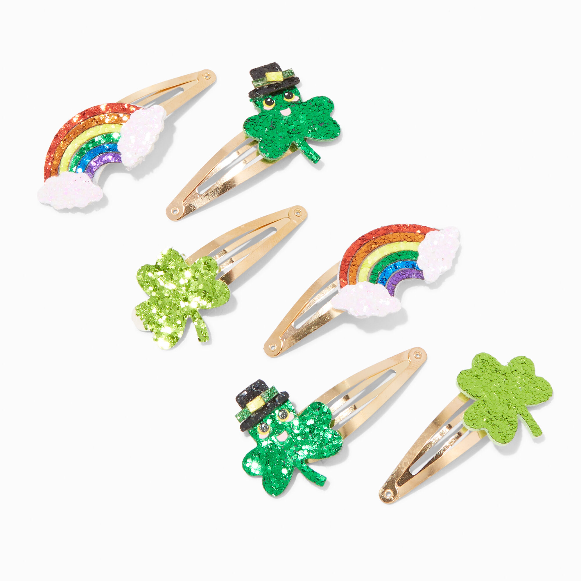 St. Patrick's Day Shamrocks & Rainbows Snap Hair Clips - 6 Pack,
