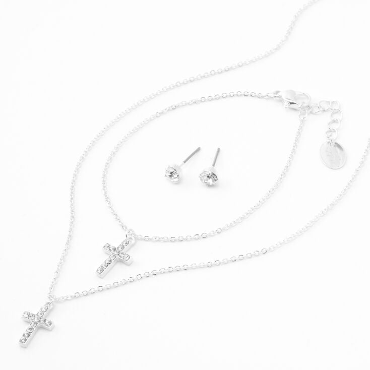 Claire's Parure de bijoux croix décorée couleur argentée - Lot de 3