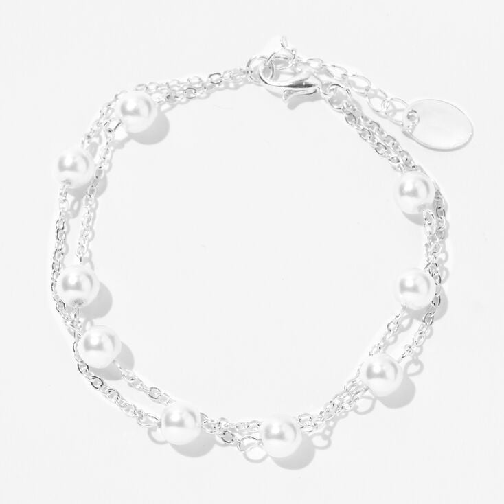 Bracelet multi-rangs perles d&#39;imitation couleur argent&eacute;e,