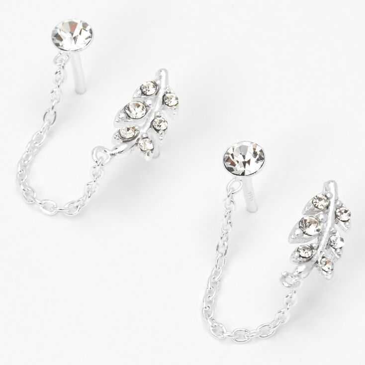Sterling Silver Embellished Leaf Connector Chain Stud Earrings,