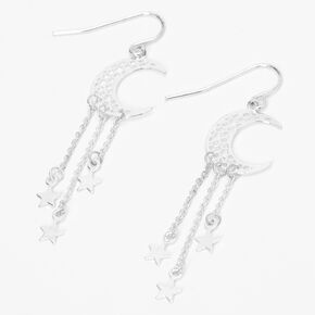 Silver 2&quot; Moon Star Drop Earrings,