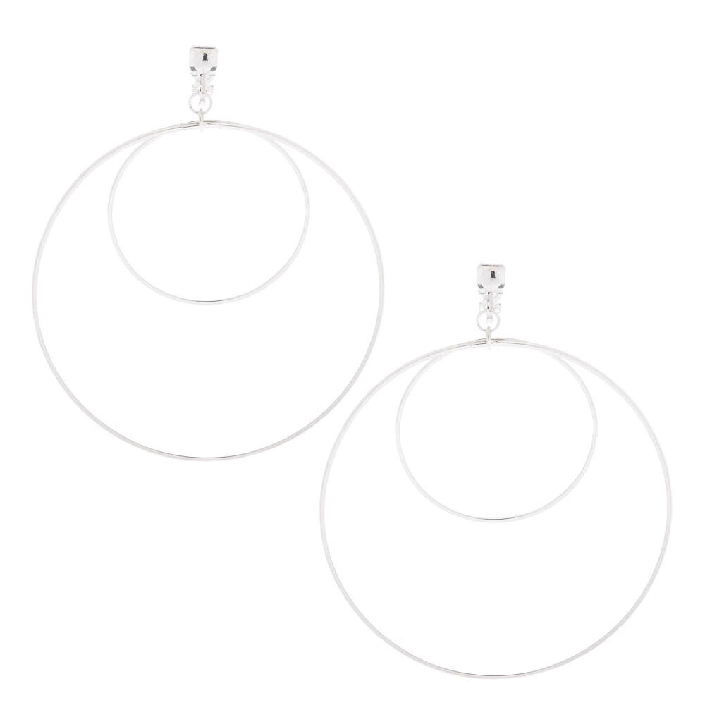 Silver Double Circle Clip On Hoop Earrings