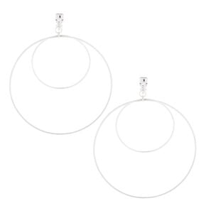 Silver Double Circle Clip On Hoop Earrings,
