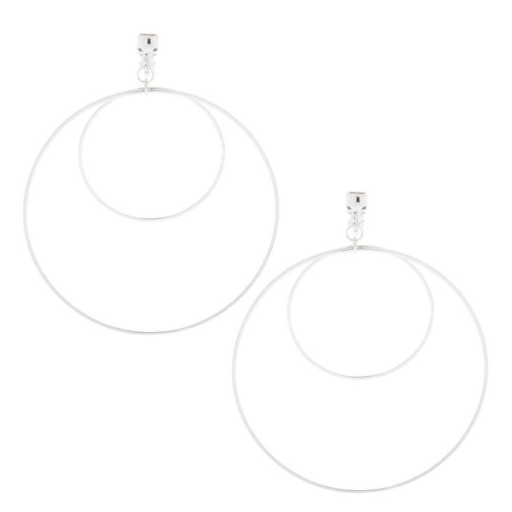 Silver Double Circle Clip On Hoop Earrings,