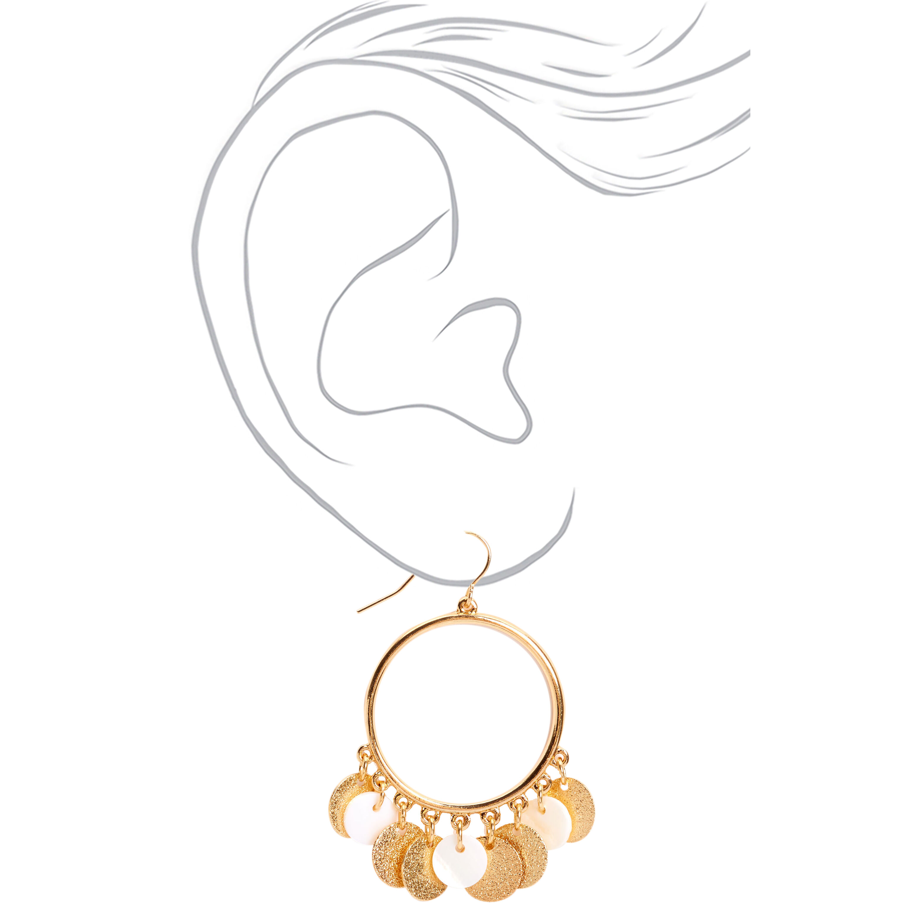 Gold 2" Textured Circle Seashell Drop Earrings,