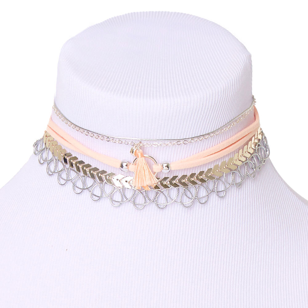 Silver Mixed Choker Necklaces - Blush Pink, 5 Pack,