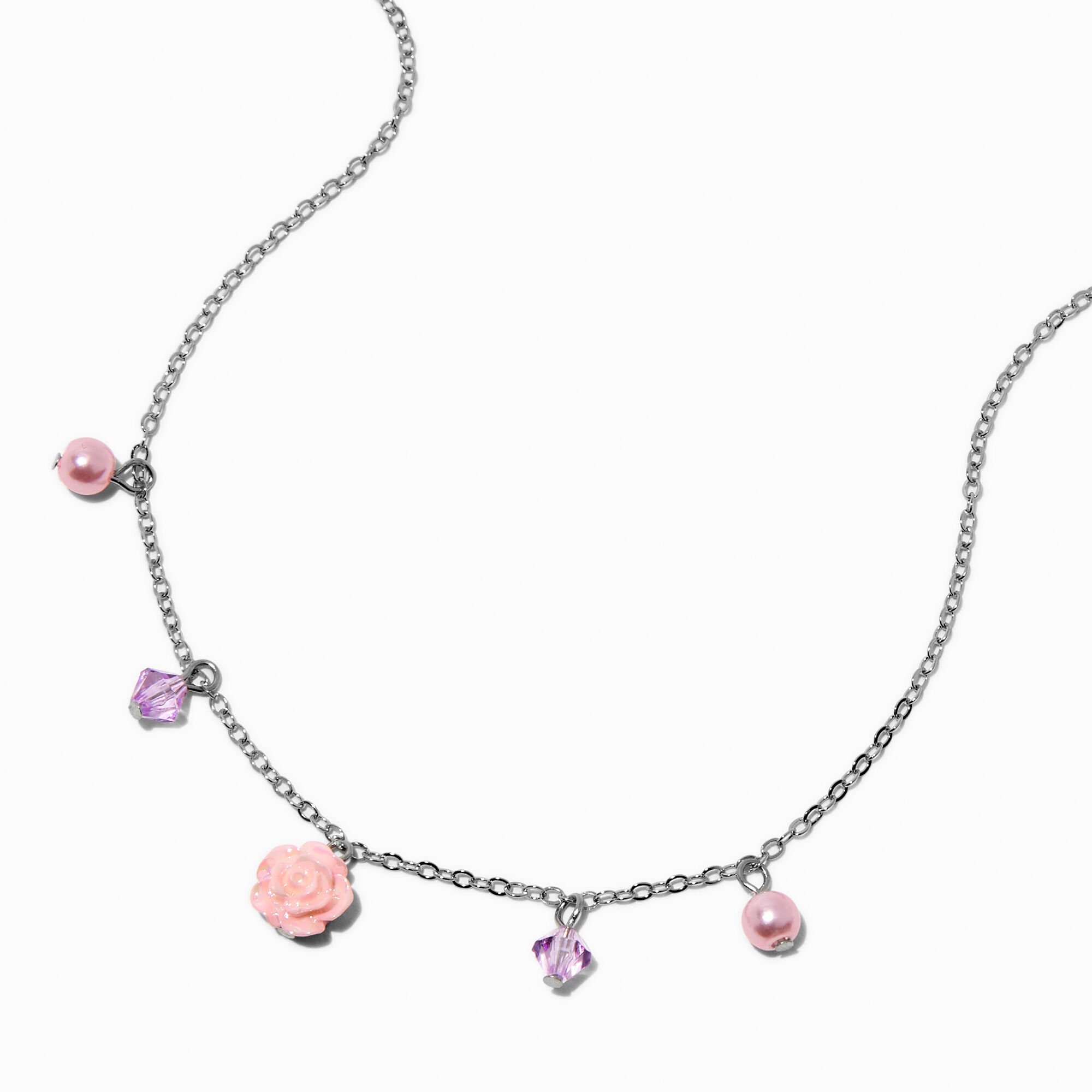 Claire's Club Pink Rose & Pearl Charm Necklace,