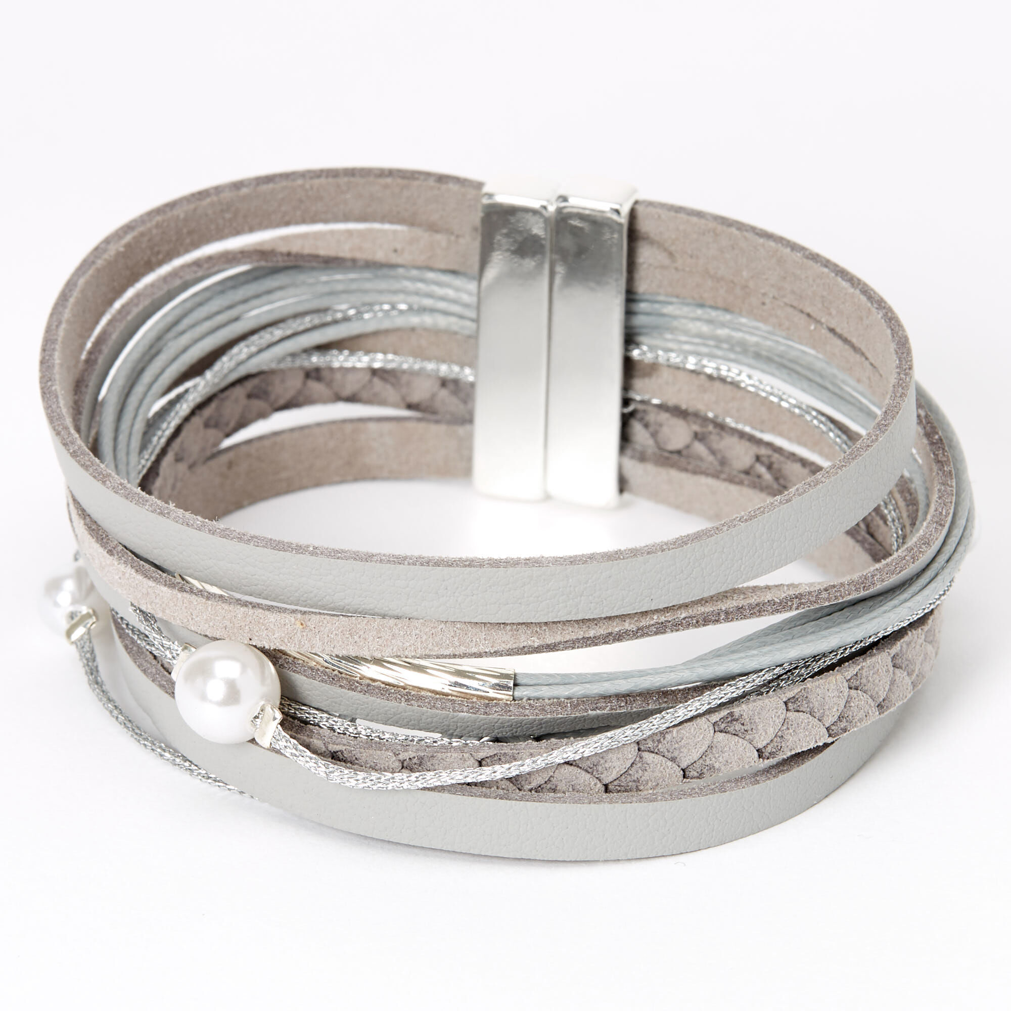 Faux Leather Pearl Wrap Bracelet - Gray,