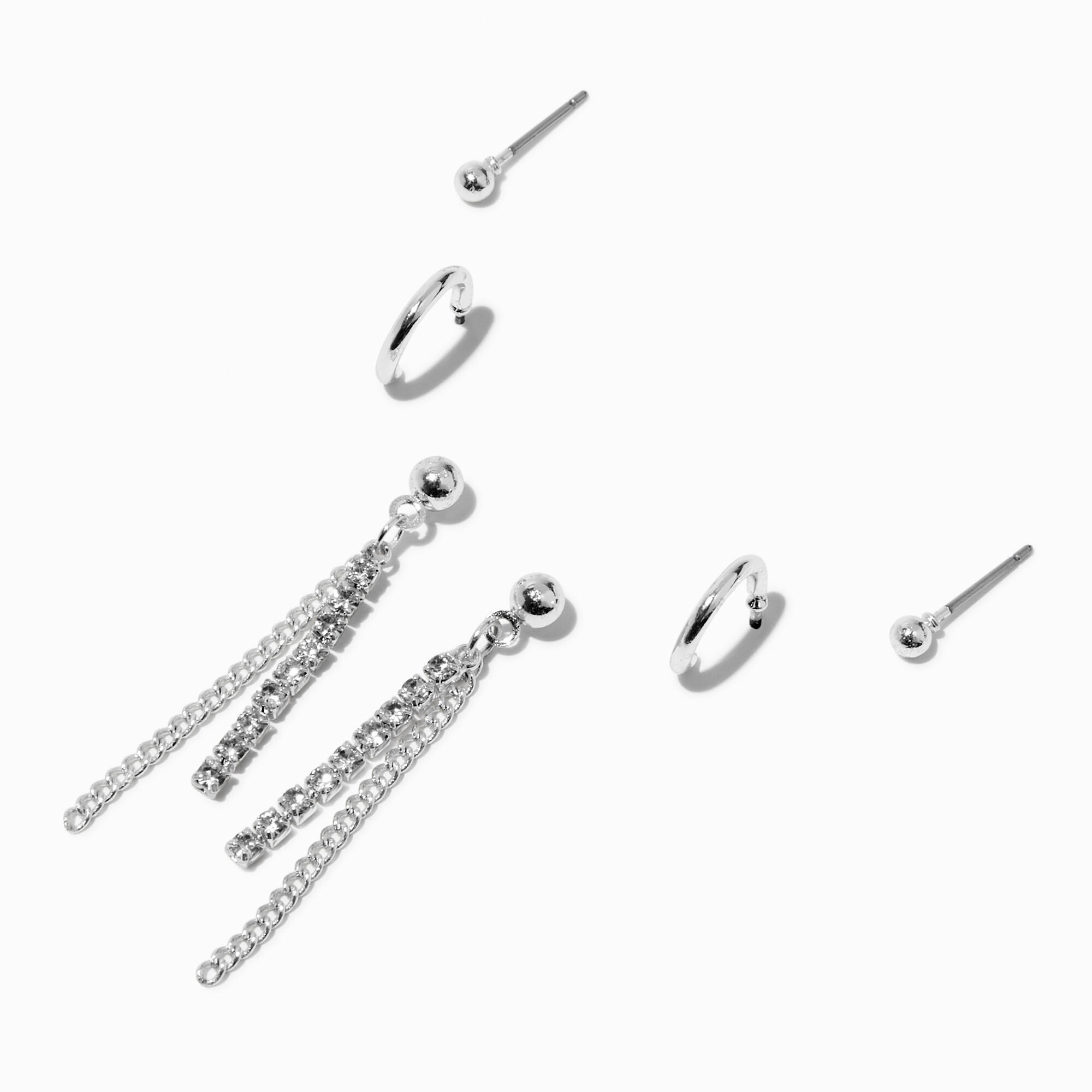 View Claires Tone Crystal Chain Earring Stackables Set 3 Pack Silver information