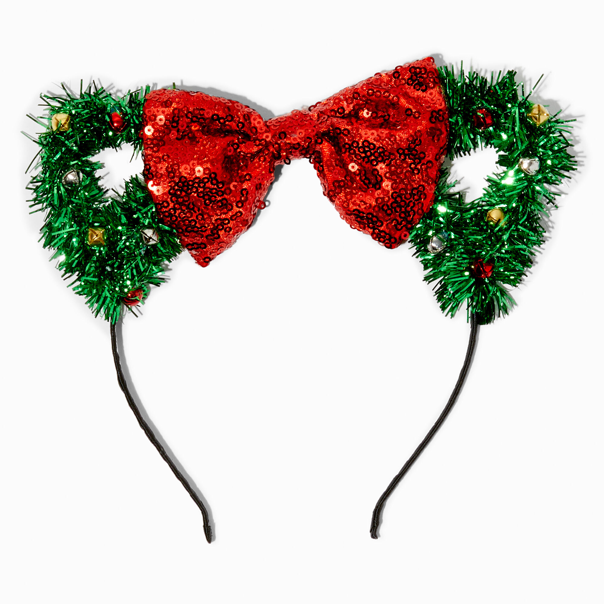 Christmas Cat Ear Tinsel Red Bow Headband,