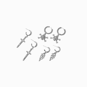 Silver Skull, Dagger, &amp; Flame Hoop Earrings - 3 Pack,