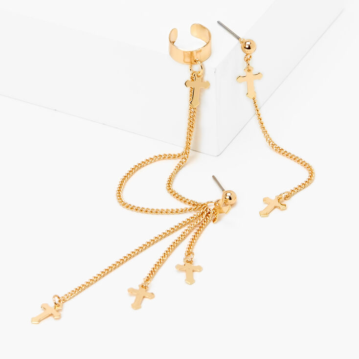 Gold 3&quot; Cross Linear Ear Cuff Drop Earrings,