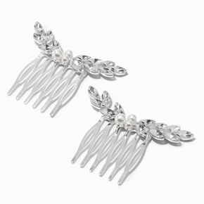 Silver Crystal Leaf &amp; Pearl Hair Comb - 2 Pack,