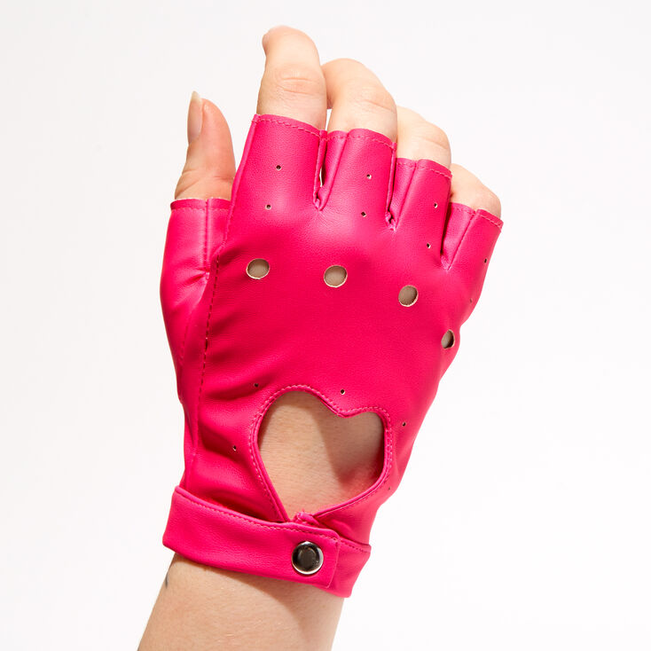 Heart Cutout Faux Leather Fingerless Gloves - Hot Pink