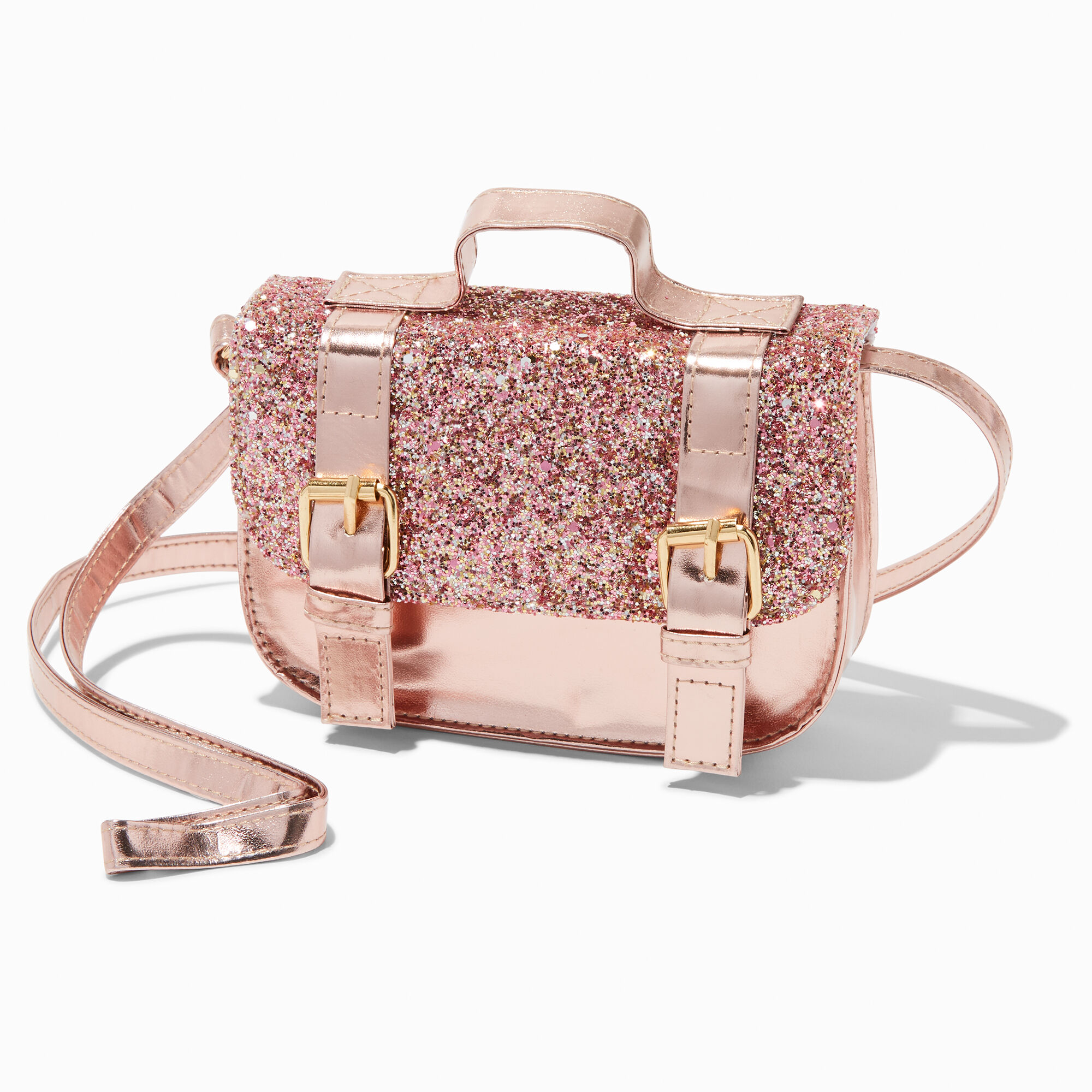 View Claires Club Rose Glitter Crossbody Bag Gold information
