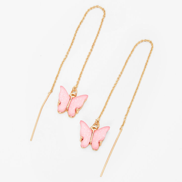 Gold 3&quot; Pink Butterfly Threader Drop Earrings,